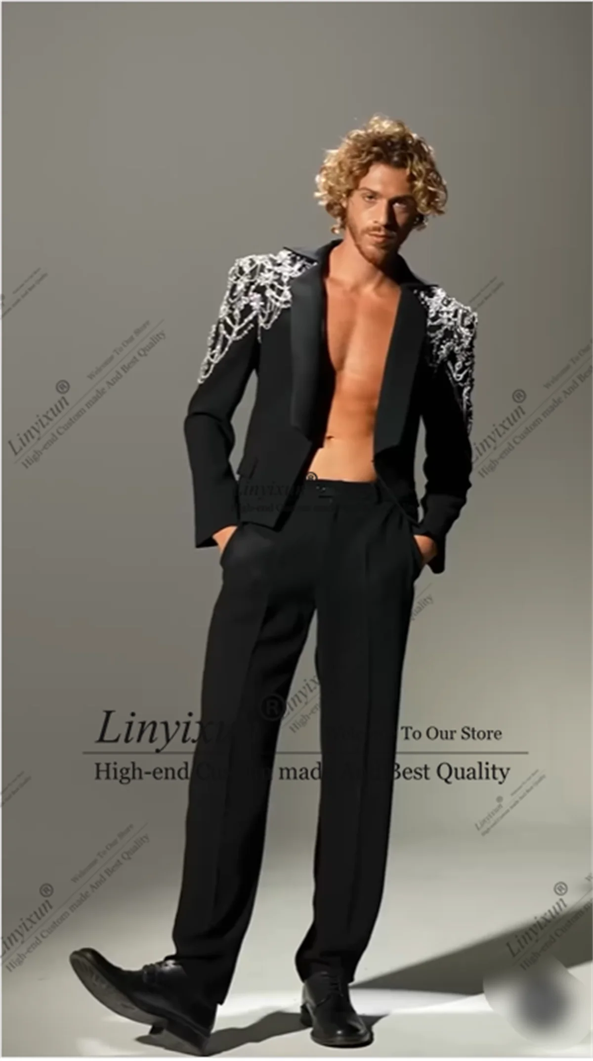 Designer Fashion Beads Crystals Men Suits Groom Wedding Tuxedos Customized trajes para hombre 2 Pieces Sets Male Prom Blazer