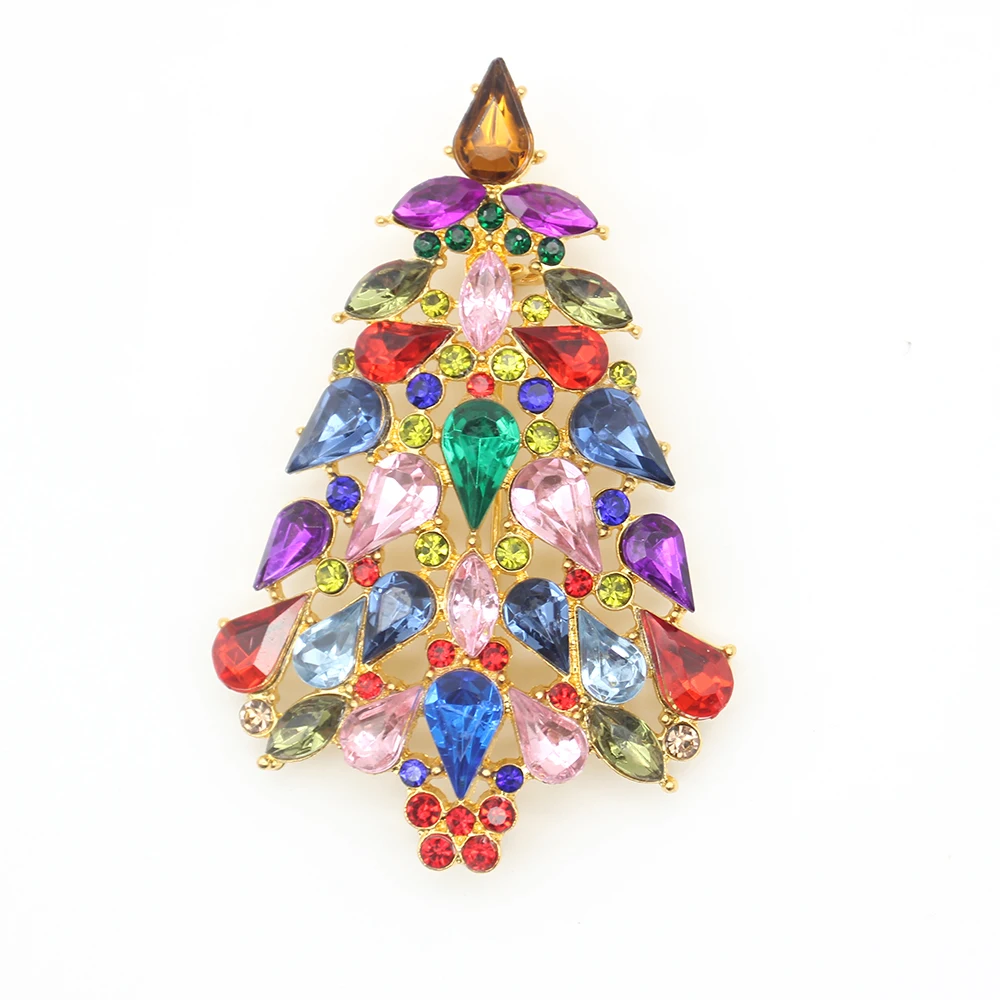 Gold-Tone Rhinestone Crystal Bling Christmas Tree Brooch Pin Women Jewelry Gift Multicolor Brooches