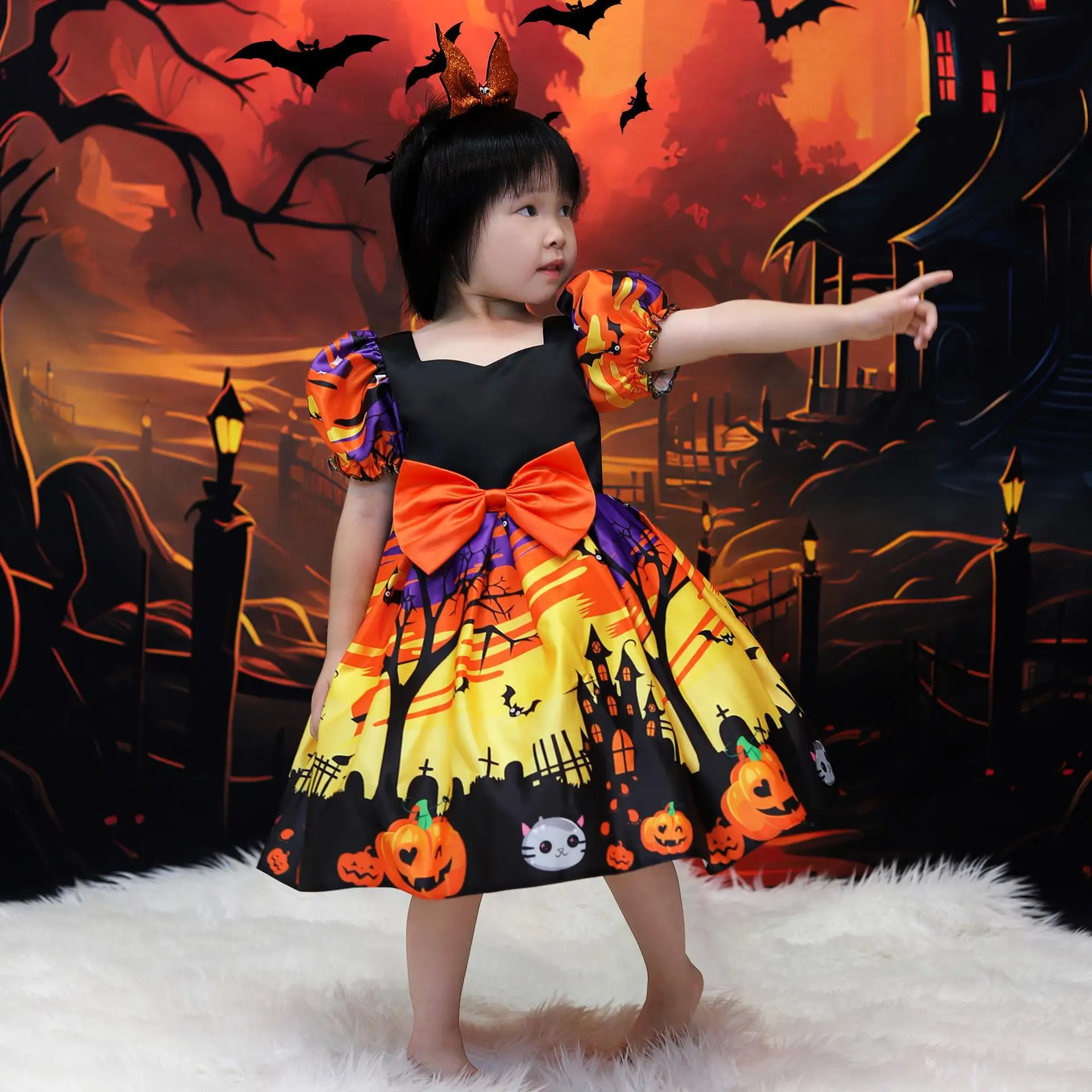 Bat Pumpkin Cat Print Halloween Costumes Kids Girl Princess Dress Bowknot Girls Party Dresses Witch Cosplay Costume Carnival