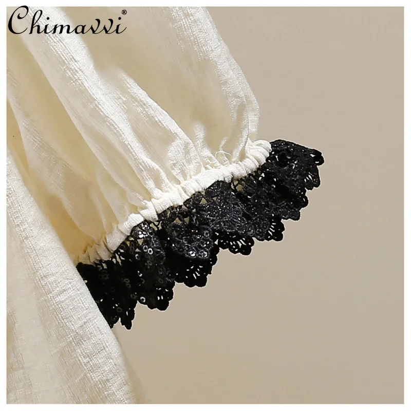 Korean Fashion Heavy Flower Sequin Splicing Bubble Sleeve Shirt Summer New Lapel Short Sleeve Slim Temperament Short Blouse Top