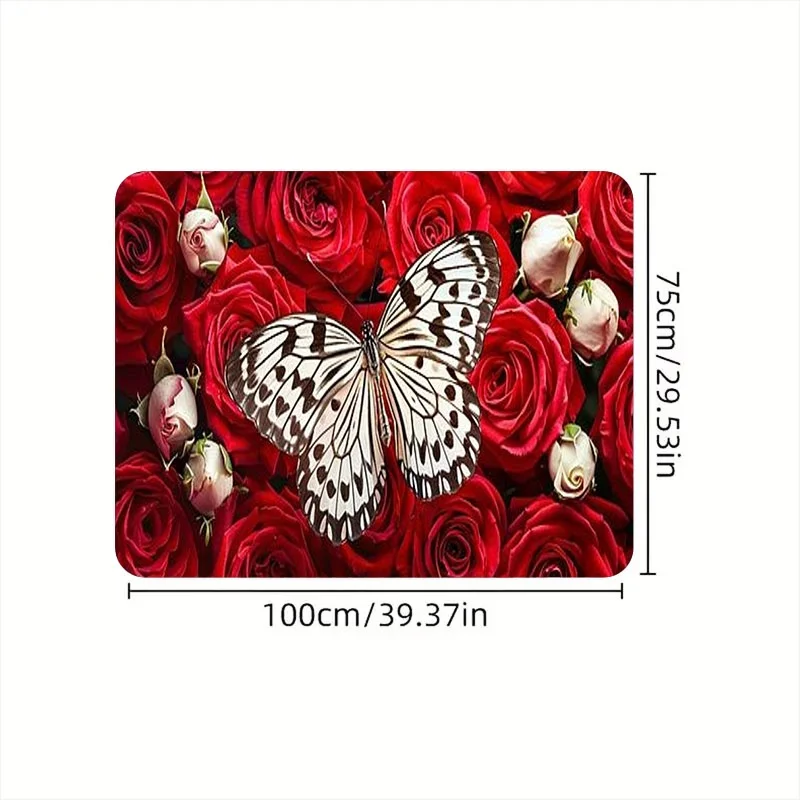 1pc Butterfly Rose Car Trunk Mat, Material, Black - White Butterfly & Red Rose Pattern, Visually Captivating Design, Universal F