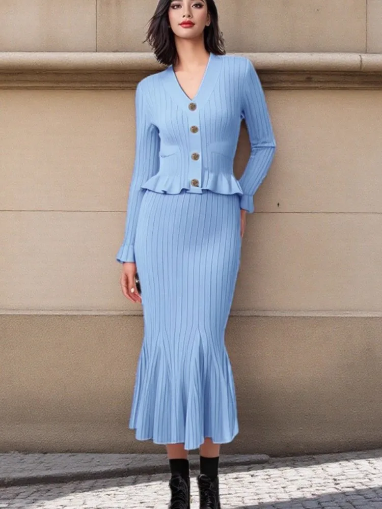 Two Piece Set For Women Elegant Autumn Long Sleeve Cardigans Long Pencil Skirt Suits Knitting Pullovers Fishtail Mermaids Skirt