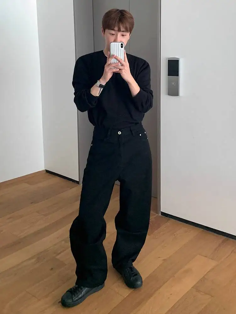 SYUHGFA 2025 الخريف النمط الأمريكي الرجال الجينز المتخصصة تصميم بلون بنطلون مستقيم واسعة الساق عادية الذكور الدنيم السراويل