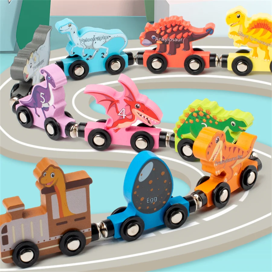 Montessori Children\'s Education Cartoon Toys Magnetic Wooden Dinosaur Digital Train Building Blocks Puzzle Assembly Toys