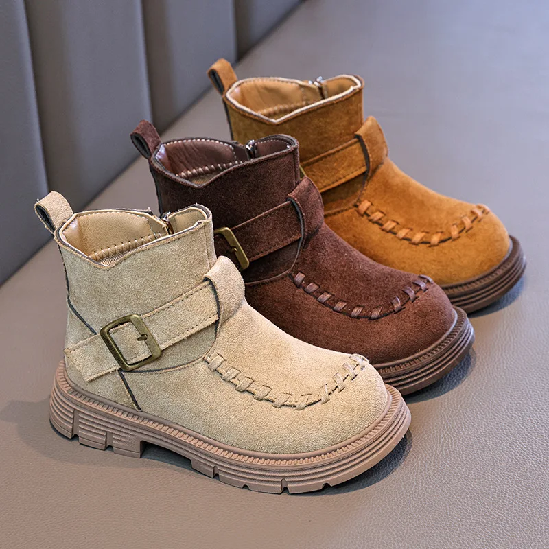 

2025 Girls Buckle Splicing Short Boots Autumn and Winter New Children's Casual Fashion Single Boots Size 26-36