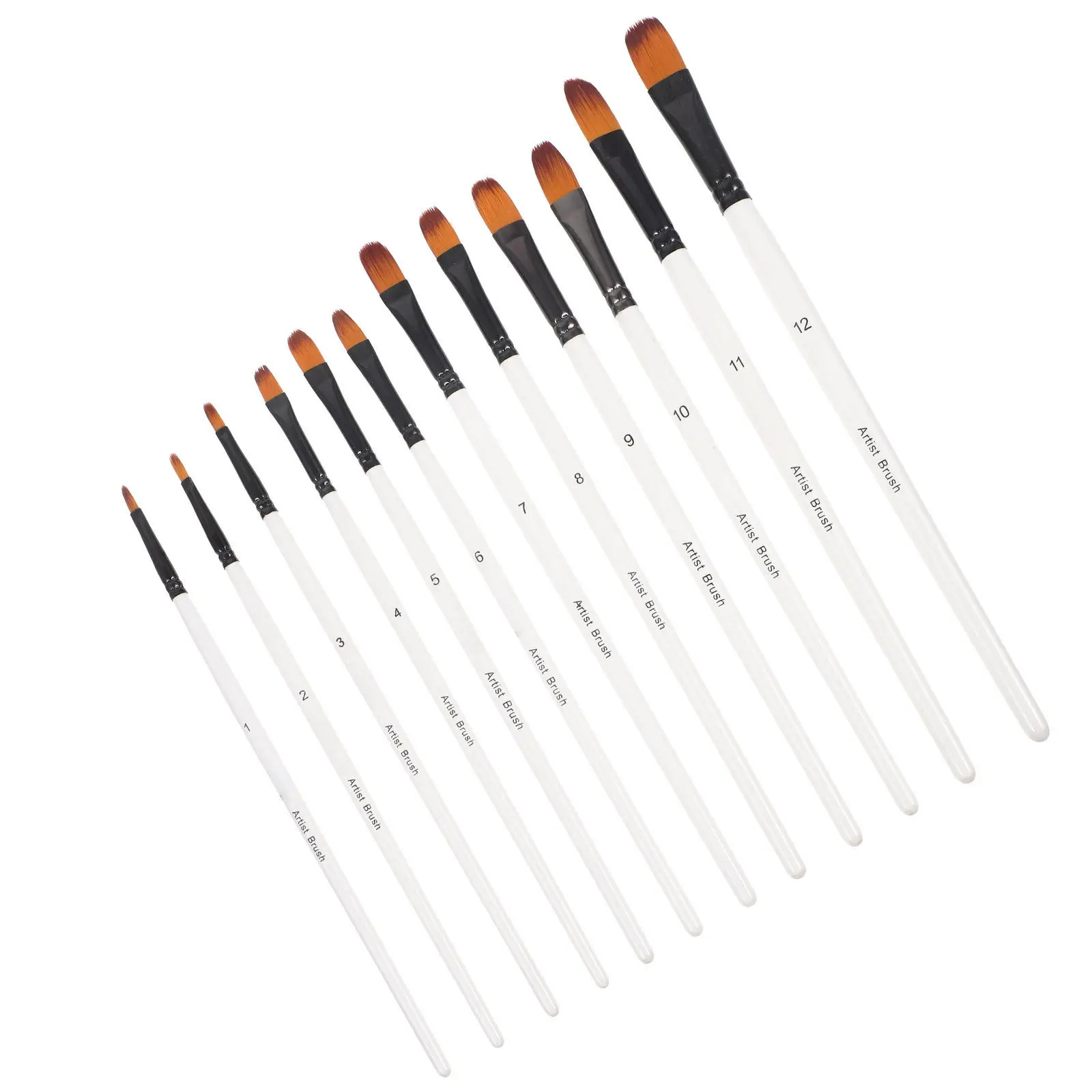 12Pcs Professional Painting Brush Set Nylon Hair White Wooden Handle for Acrylic Watercolor Oil Painting and Art Crafting