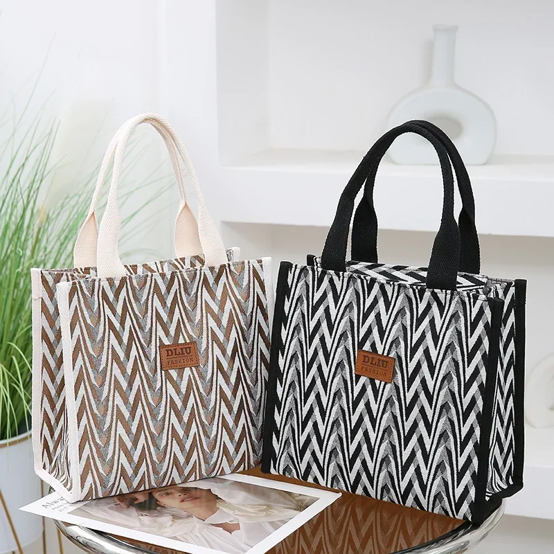 

TOUB041 Women Chevron Pattern Canvas Tote Bag Retro Letter Patch Decoration Casual Shopping Travel Handbag