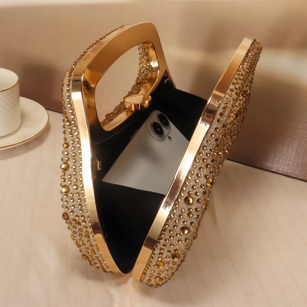Gold glitter luxury hot diamond rhinestone evening bag, women's fashion temperament elegant clutch bag dinner bag