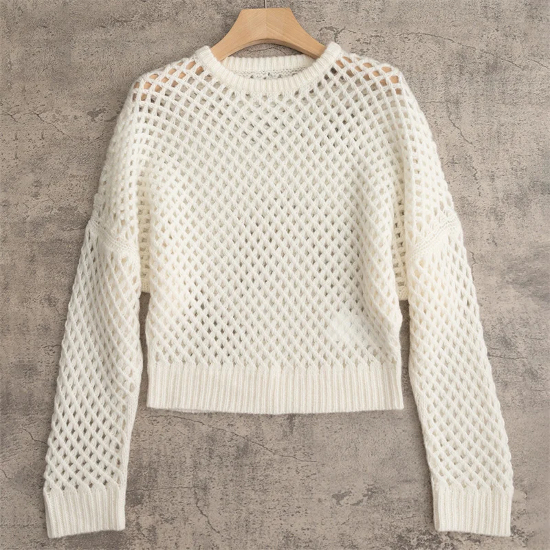 

Women's sweater New elastic knitted hollow out long sleeved top for autumn 2025 Round neck slim fit Knitwear Wool blend pullover