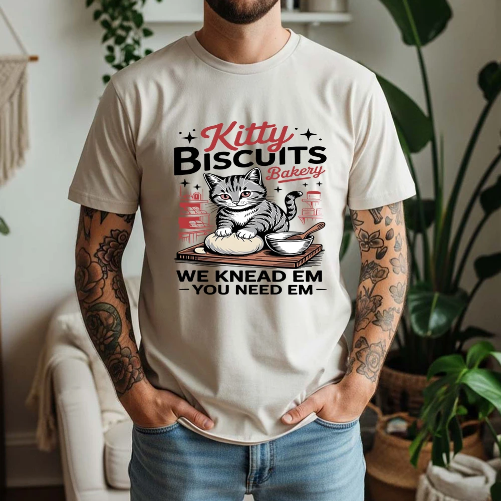 New Summer Men's 100% Cotton T-Shirt Retro Bakery Cat Kneading Dough Casual Breathable Short Sleeve  Daily Wear
