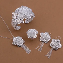 925 Sterling Silver Noble cute wedding jewelry exquisite women lady large flower bracelets Earrings necklace ring  set