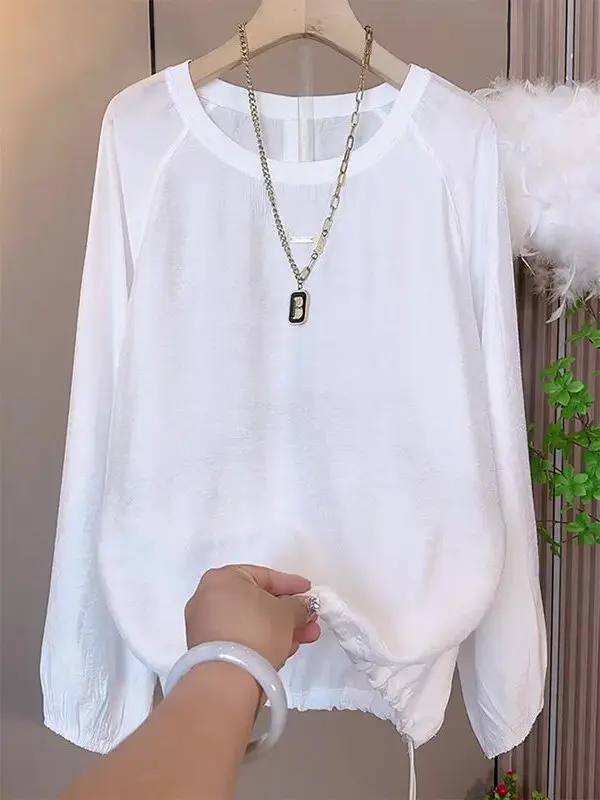

White round Neck Long Sleeve T-Shirt Comfortable Versatile Women's Fashion Basic Style Polyester Fiber Loose Fit Shirt