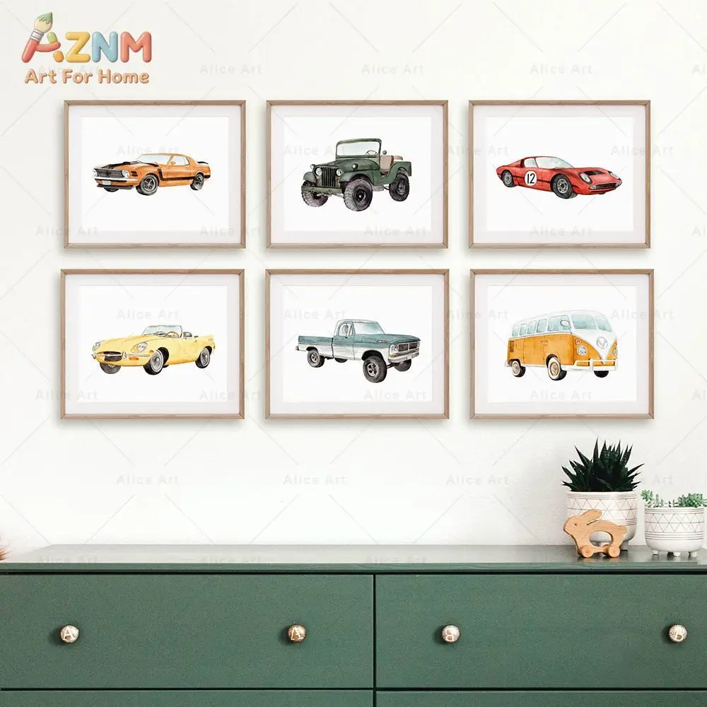AZNM Watercolor Retro Classic Car Canvas Wall Art Vintage Van Truck Sport Car Illustration Print Frameless Canvas Painting Boys