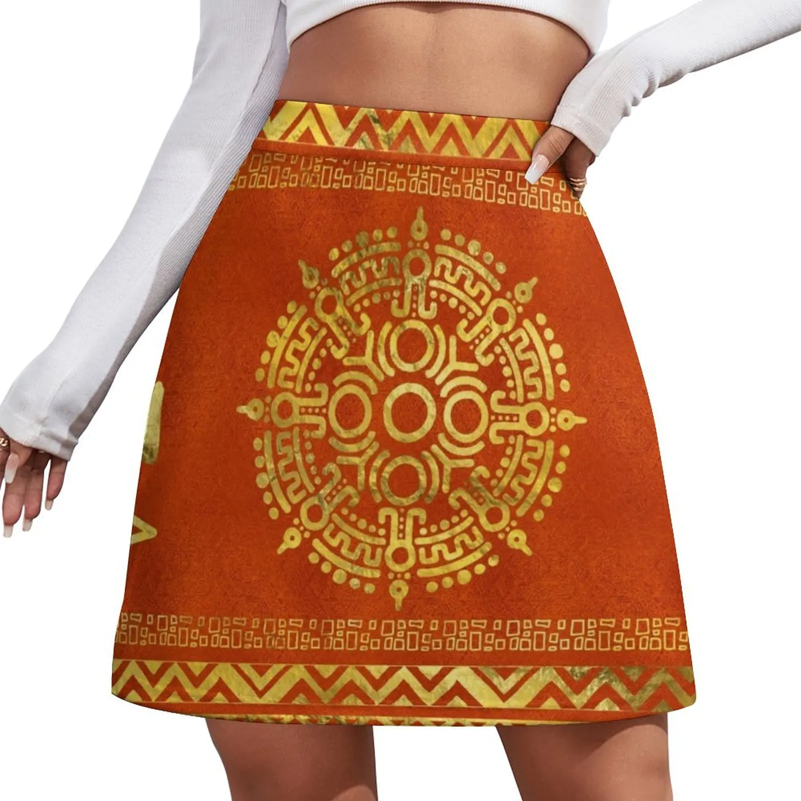 Gold Aztec Calendar Sun symbol Mini Skirt dress novelty in clothes