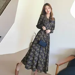 Hepburn Style Women New Autumn Over the Knee Dress Cinched Waist Show Slimming Temperament Forest Style Long Sleeved Dresses