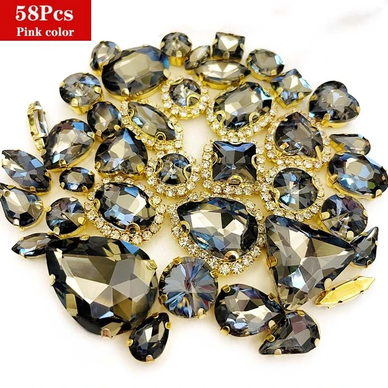 58Pcs Mix Crystal Golden Claw Setting Rhinestones Sewing Clothe For Needlework Stone DIY Sew On Wedding Dress Shoes Bags