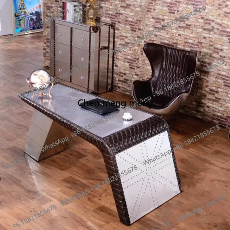 

Industrial style office table and chair combination American retro metal table creative aluminum leather studio office boss tabl