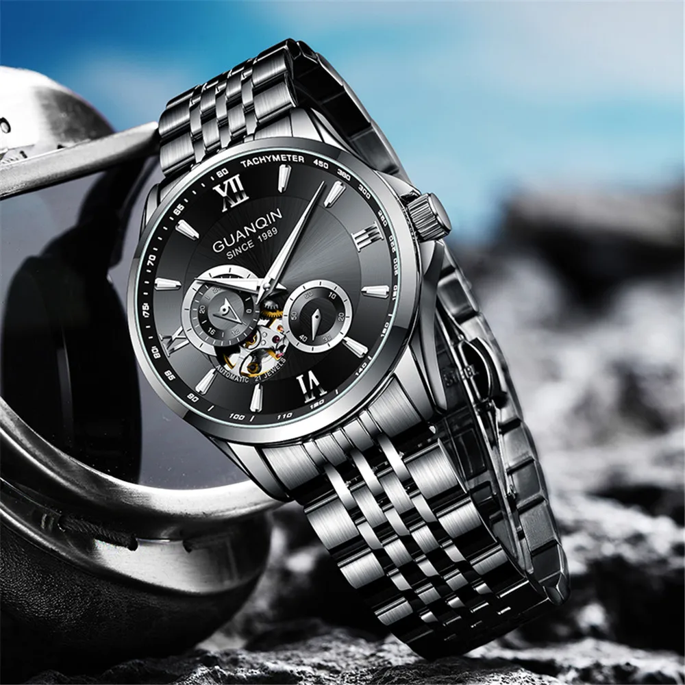 GUANQIN Men's Luxury Automatic Self-wind Mechanical Watch Top Brand Sport Sapphire Wristwatch with Tourbillon Skeleton Design