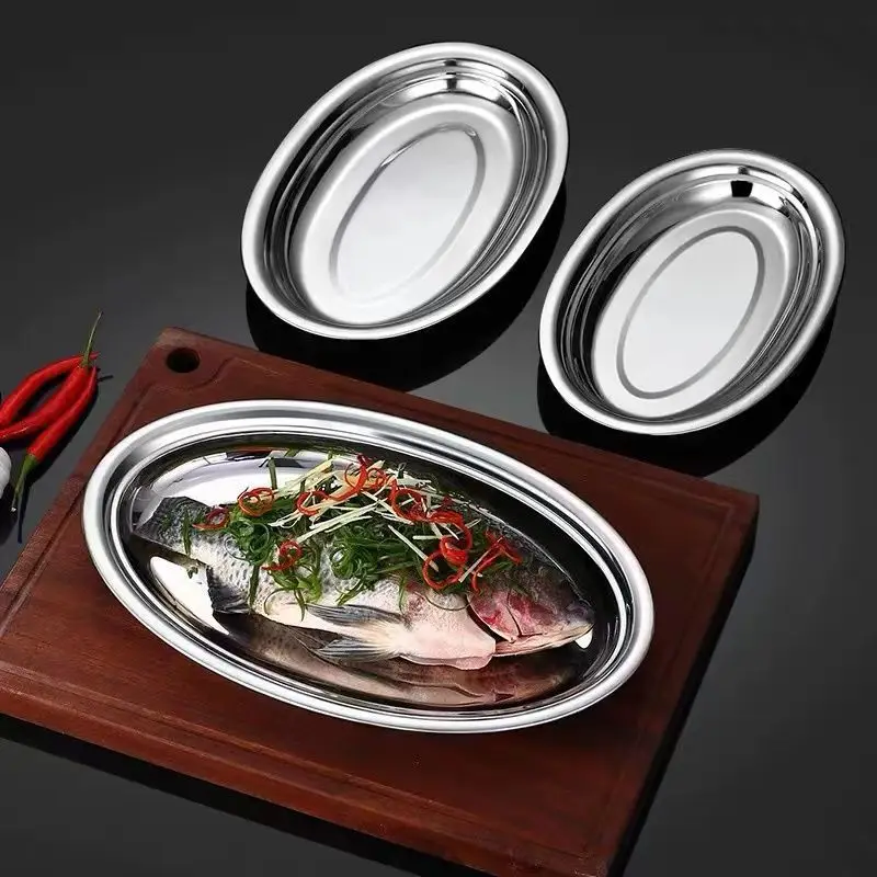 Deepened Thickened Main Dish Plate Restaurant Steamed Fish Plate Oval Seafood Grilled Skewers Barbecue Plate304 Stainless Steel