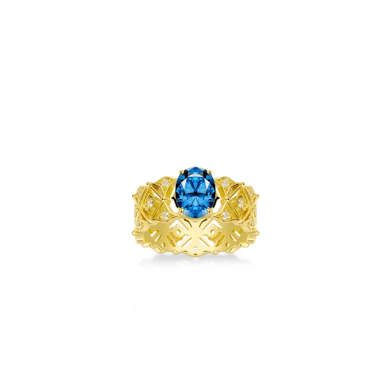 

BELLUX 925 Silver Gold Plated Synthetic Zircon Blue Pigeon Egg Four Claw Wide Mesh Hollow Ring
