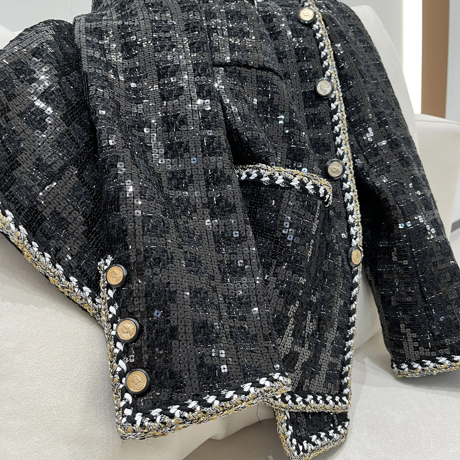 Luxury Sequins Jacket for Women, Runway Designer, Knitted Tweed, Black Plaid Coat, High Quality Outwear, Winter Clothes