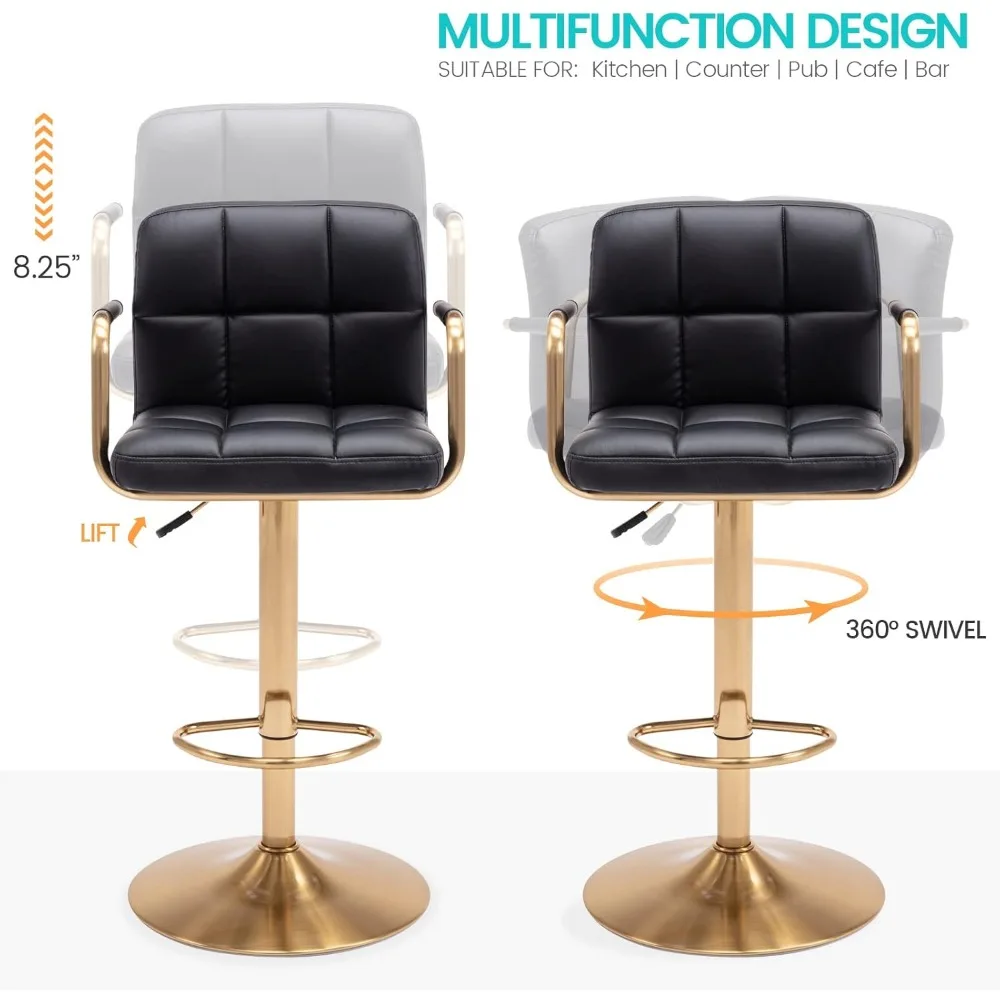 Modern PU Leather Square Bar Stools, Adjustable Swivel Barstools with Back and Arms, Airlift Counter Height Chairs for Kitchen