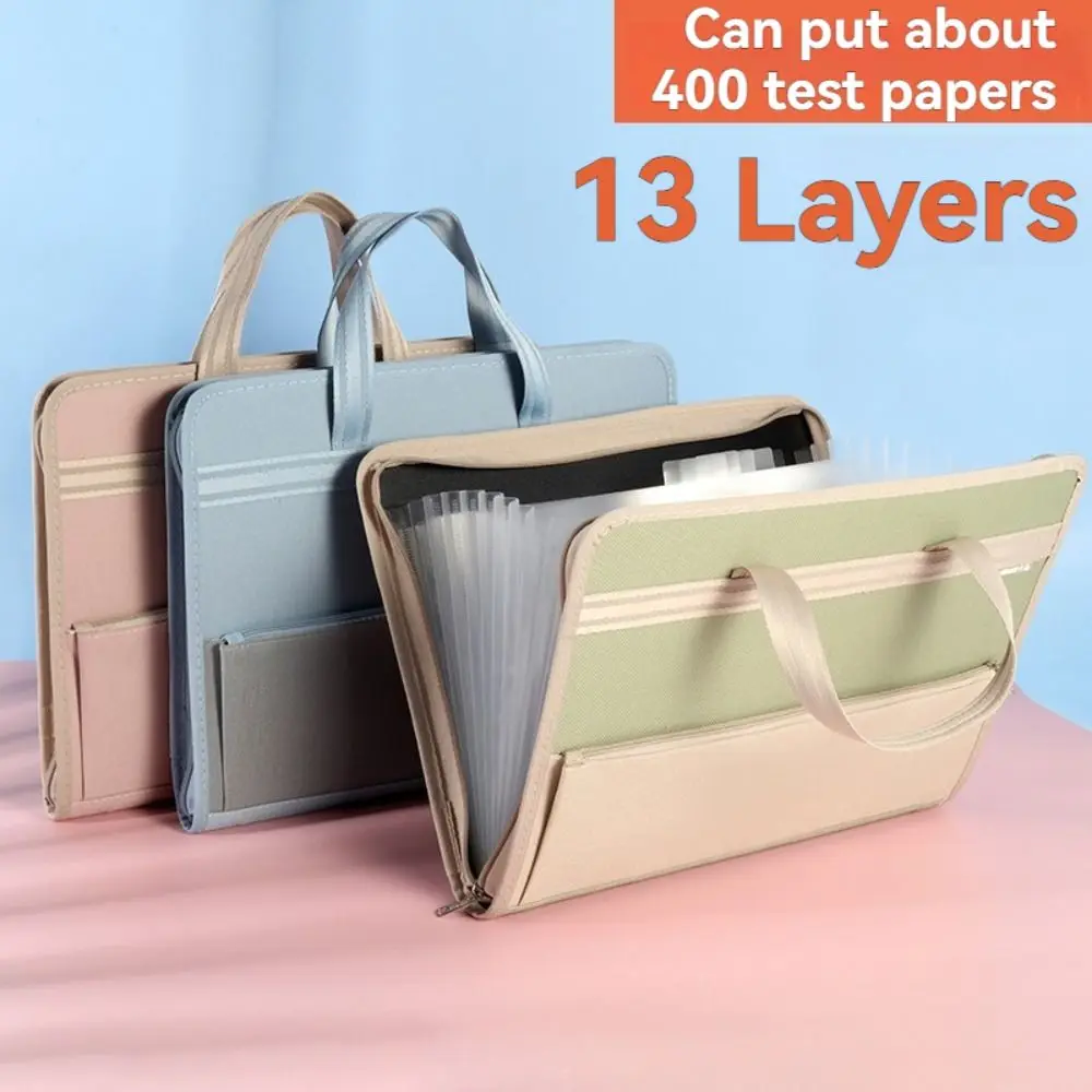 13 Pocket Canvas Accordion Document Bag Vertical Large Capacity A4 Expanding File Organizer with Handle Portable