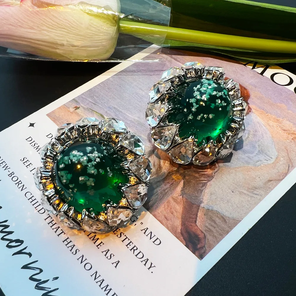 Vintage Luxury Green Color Glass Round Circle Stud Earrings for Women Girl Party Wedding Bride Jewelry Medieval Court Style Ins