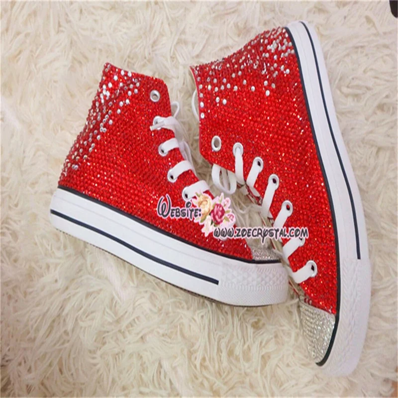 High top lace up red rhinestones creative canvas shoes for women banquet wedding all casual sports big size women\'s shoes 35-44