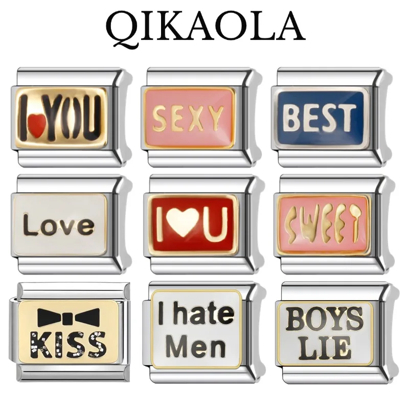 1pc Meaningful Word Kiss, Love, Sweet, Best Italian Charms Fit 9mm Stainless Steel Bracelet Diy Jewelry Making Birthday Gift