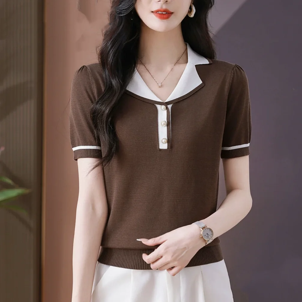 

Высококачественный вязаный топ European Sle из ледяного шелка ort Sve Ne для женщин, летняя удобная дышащая футболка из тонкой ткани