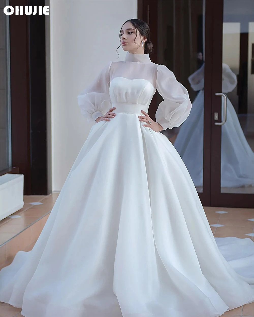 White Puffy Sleeves Long Wedding Dresses Woman Dubai Organza Prom Dress Customized Arabia Evening Gowns Moroccan Party Dress