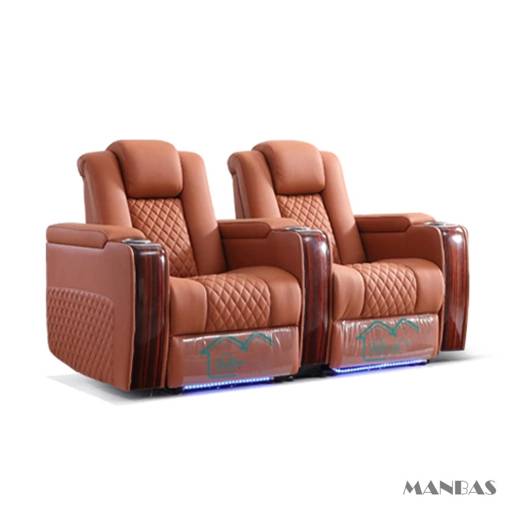 مقاعد مسرح منزلي فاخرة بمحركات مزدوجة - كراسي استرخاء من الجلد الطبيعي قابلة للتعديل مع حامل أكواب وتدليك