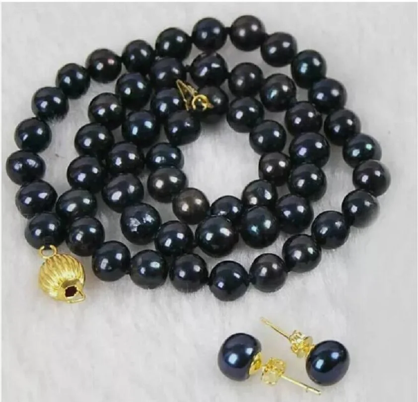 

Charming 18 "9-10mm genuine black pearl necklace earrings 14K.