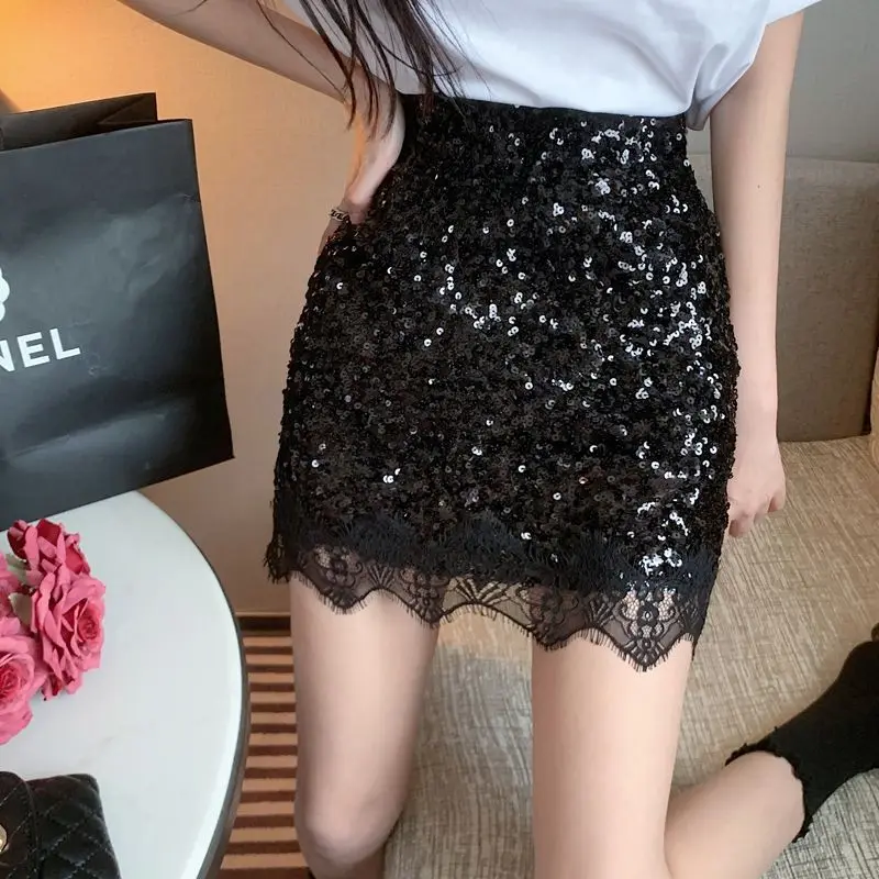 

Sequined Lace Stitching High-Waisted Skirt Temperament Hot Girl All-Season Slimming A-Line Hip-Hugging Short Skirt