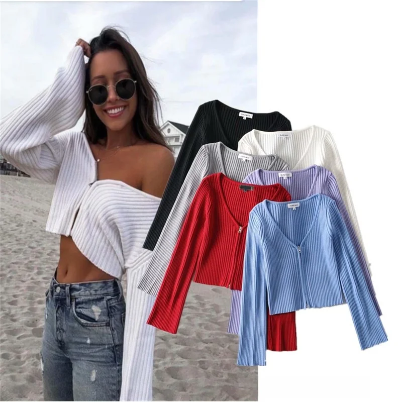 

Faionable V-Ne Long Sve Knitted Open Cardigan Double Zipper Slim Fit Street Sle ort Length Casual Women's Top