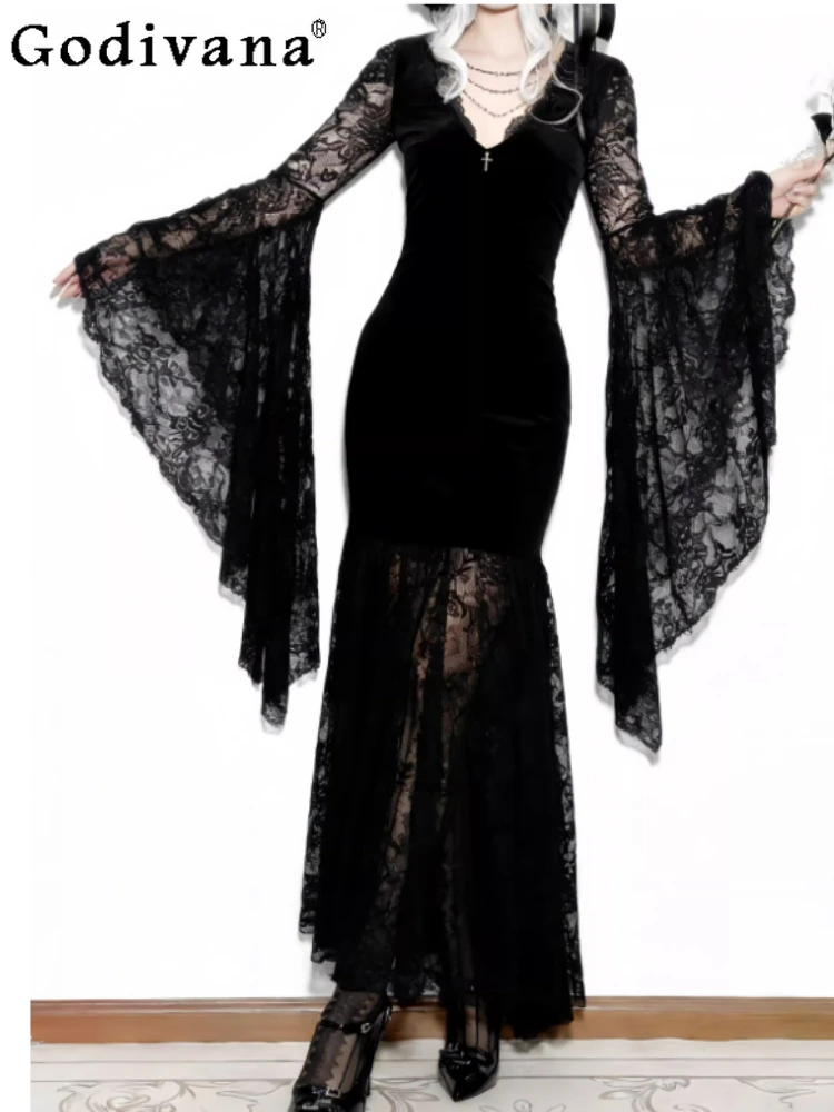 

Spring Autumn New Black Lace Long Sleeve Dark Style V-neck Dress Personalized Goth High Waist Cos Flare Sleeve Women Dresses