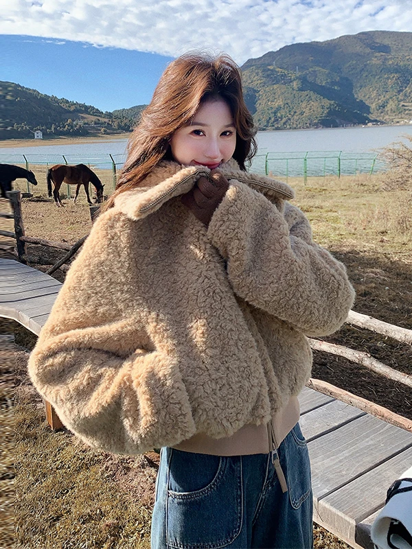 Damska kurtka z futra jagnięcego, ocieplana, ciepła, puszysta, z aksamitu jagnięcego, z dużym kołnierzem, jesienno-zimowa, nowoczesna, luźny krój, zapinana na zamek.