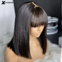 Short Straight Bob Human Hair Fringe Wigs Fake Scalp Lace Wig With Bangs Middle Part Wigs Brazilian Natural Hair Silk Top Wigs