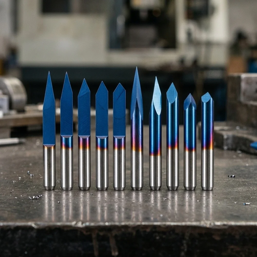 10 Pcs 1/8 Inch Shank CNC Router Bits Set 20 30 45 60 90 Degree For V Bit For Nano Blue Coated For Carbide Engraving Tool Fits