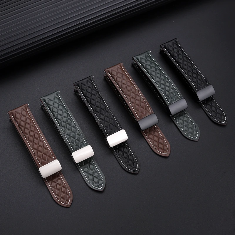 Correa de reloj de cuero genuino Universal para hombre, pulsera de cuero de vaca con hebilla magnética plegable para Heuer F1 Carrera, 20MM, 22MM