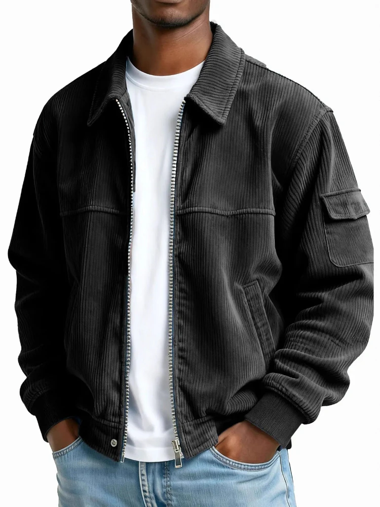 Mens Jacket Vintage Streetwear Black Corduroy Zip Up Jacket Multi Pocket Design Long Sleeve Retro American Workwear Fashion