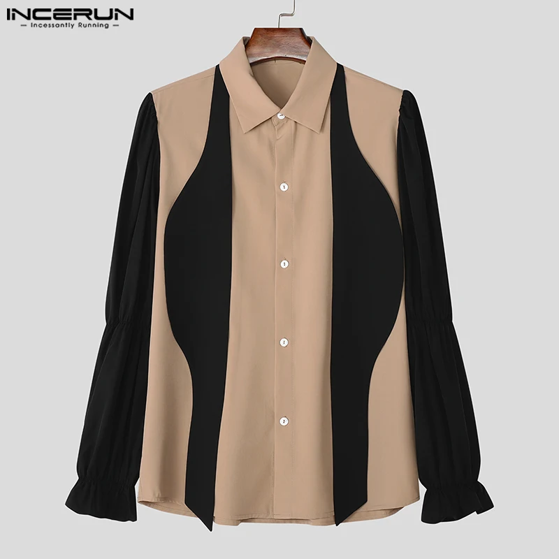 INCERUN Tops 2024 American Style Men\'s Fashion Contrast Bow Design Shirts Streetwear Personality Male Long Sleeved Blouse S-5XL