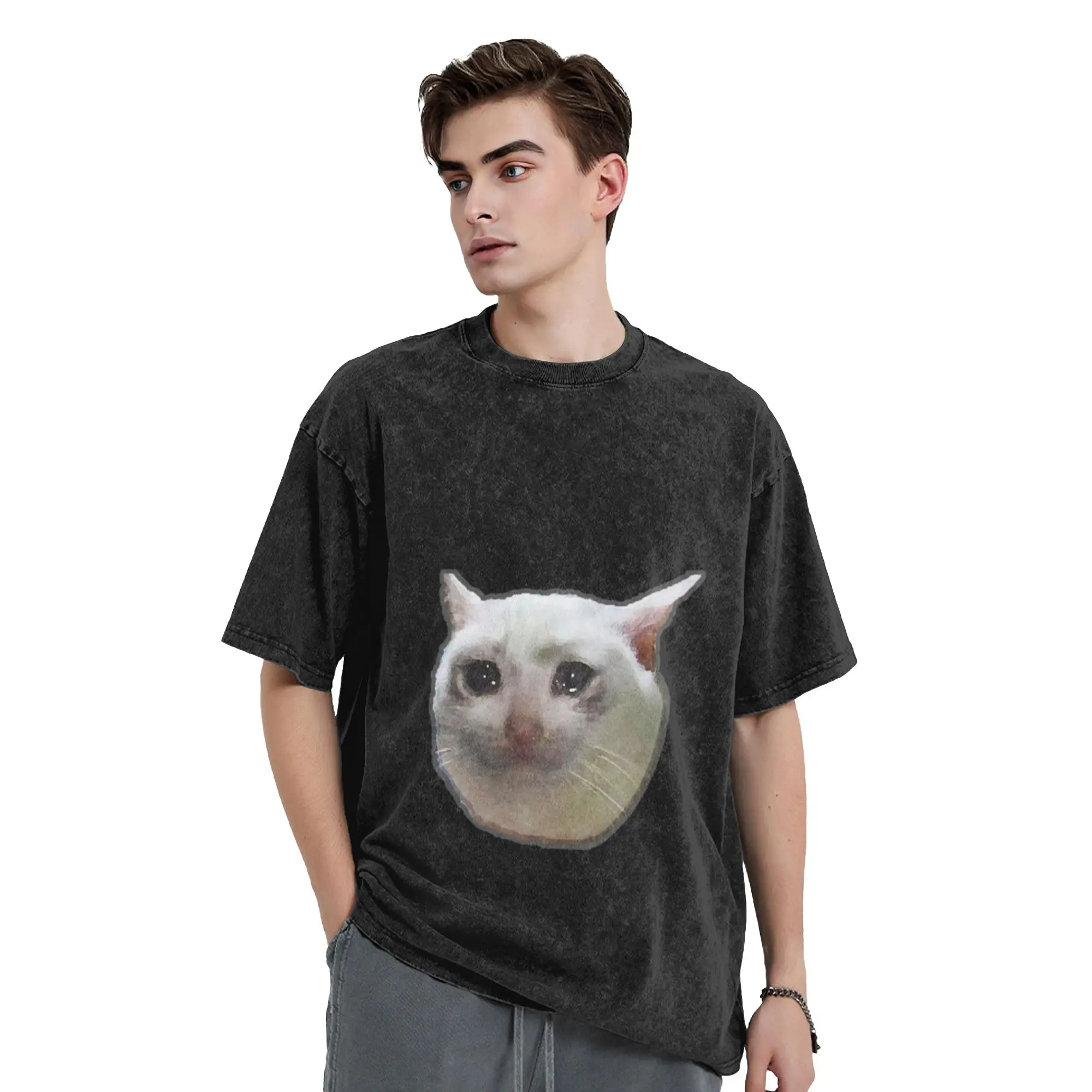 crying white cat Classic Chic A Washed T Shirt Men's Women's Oversized Cotton Tees Tops