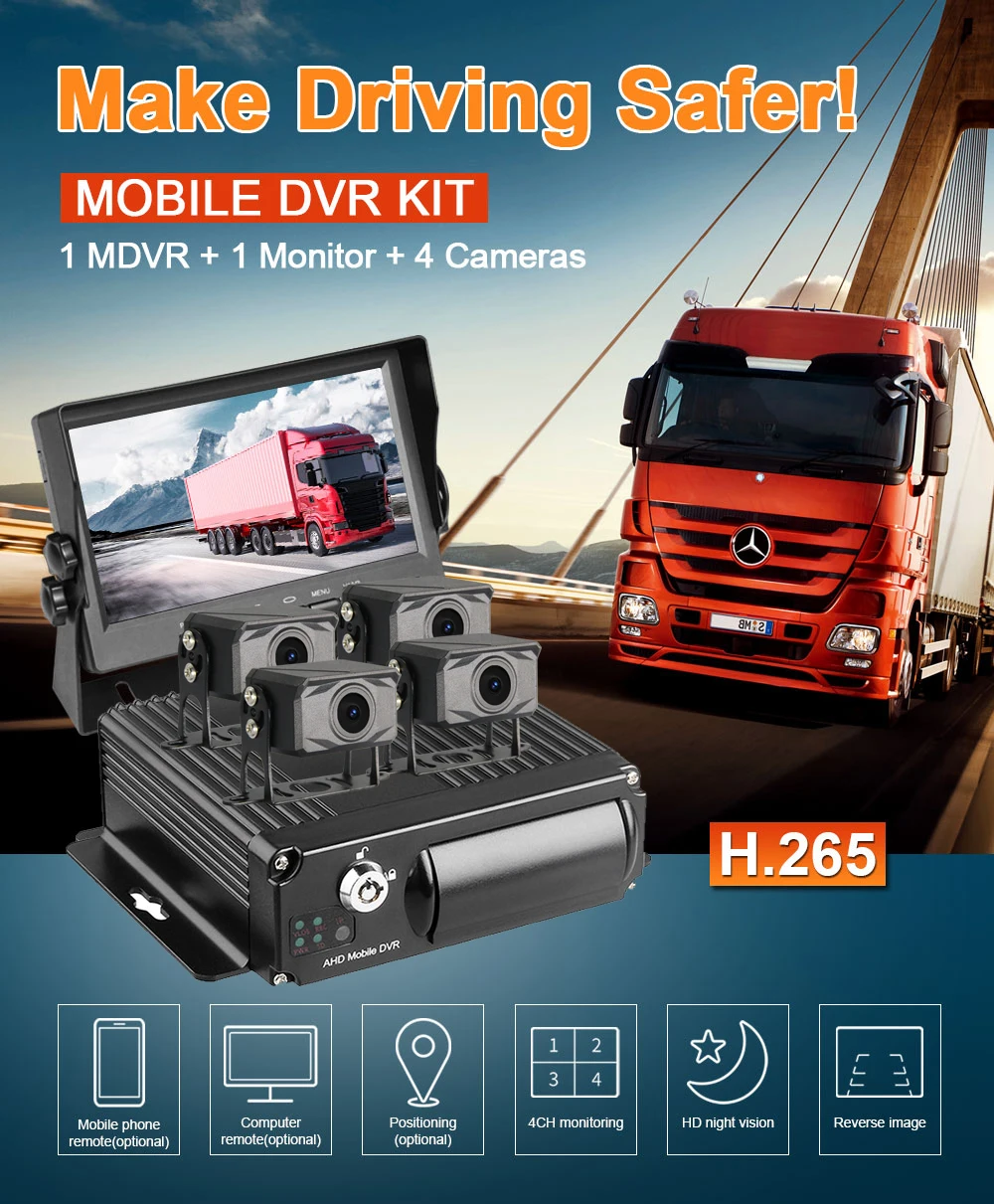 Cheap Price 4Channel SD Mobile Dvr +4PCS Waterproof Front Rear View 1080P Car Backup Camera+7Inch Monitor Mdvr Kits