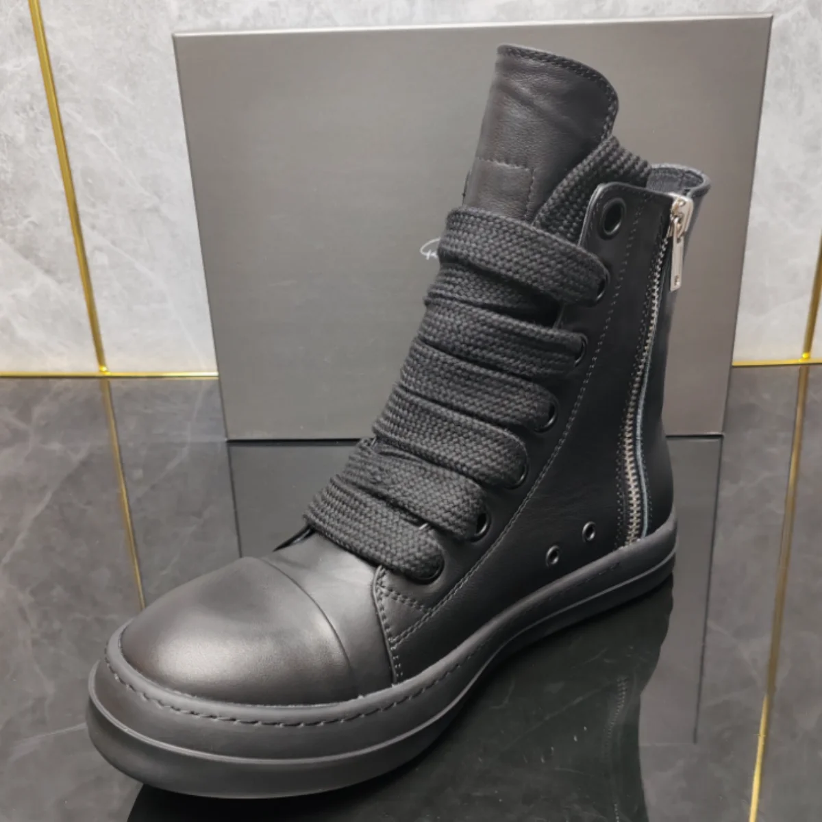 Brand R-o Shoe Full Black Leather Shoes  Men Sneaker Women High Top Shoe Boots Sneakers  Jumbo Laces Casual Shoes