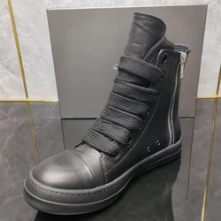 Brand R-o Shoe Full Black Leather Shoes  Men Sneaker Women High Top Shoe Boots Sneakers  Jumbo Laces Casual Shoes