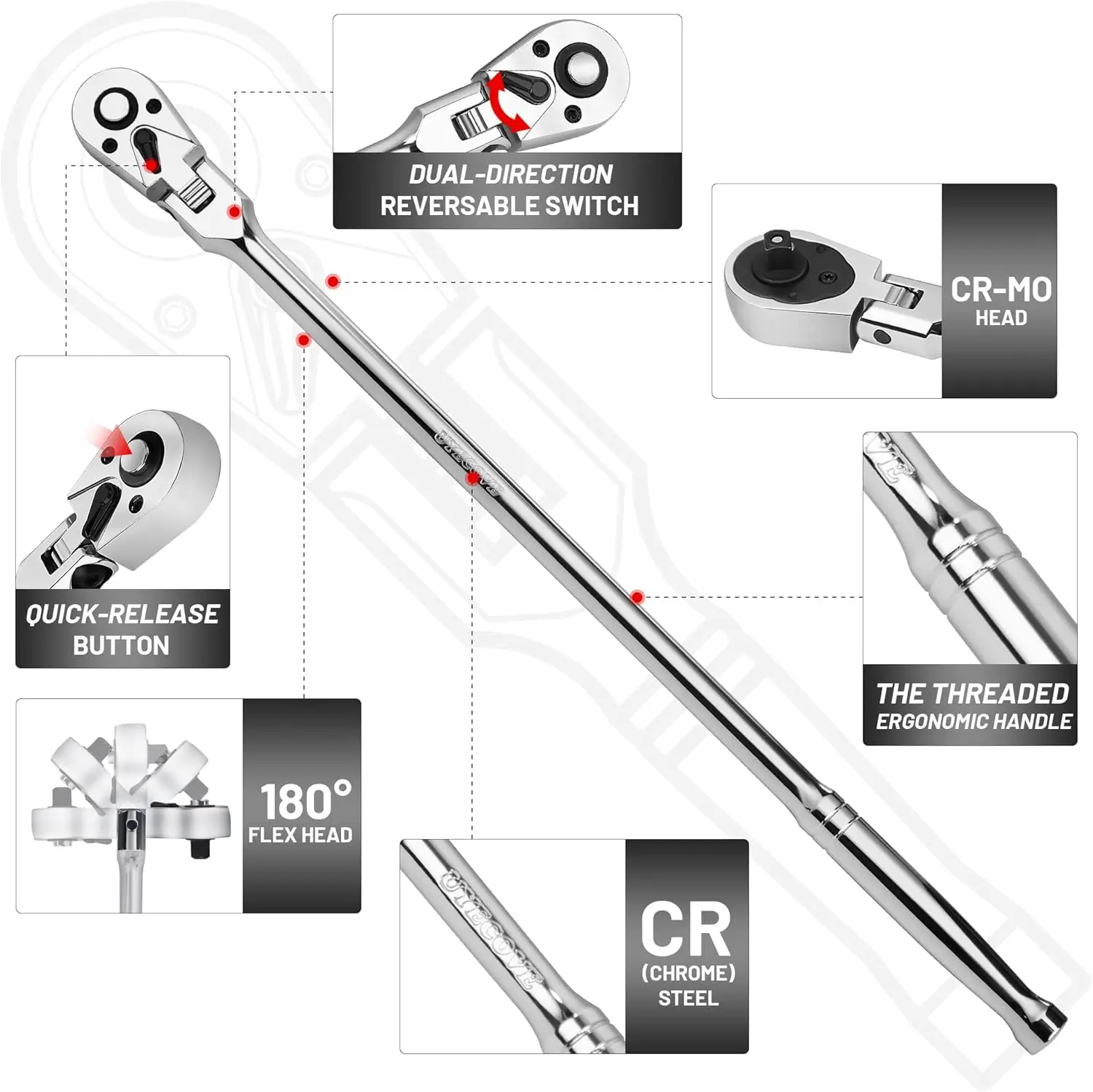 

1/2 Inch Drive Ratchet, Flex Head Ratchet 1/2 Ratchet Long Handle, 72 Tooth Quick Release Swivel Head Ratchet