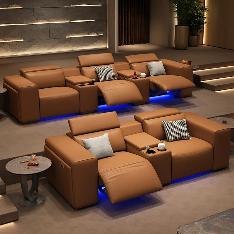 Private Home Theater Sofa Italian Style Light Luxury Leather Sofa Straight Row Space Functional Cabin Electric Sofa