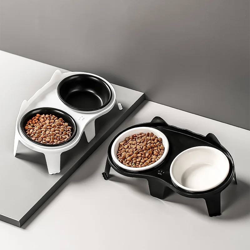 Cat Food Ceramic For Eating Drinking Black Feeding And Watering Integrated Kitten Slanted Mouth Protects Neck Anti-Spill Double